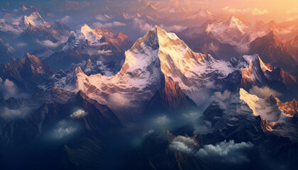 Majestic mountain peak, snow capped, sunset nature beauty in panoramic view generated by AI