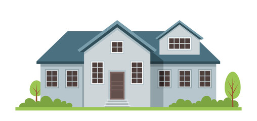 Various urban house. Grey building with blue roof. Facade and exterior. Cottage and townhouse. Template and layout. Cartoon flat vector illustration isolated on white background