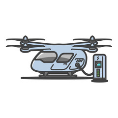 eVTOL(空飛ぶクルマ)・マルチローター型のEV電気航空機のイラスト・充電中
