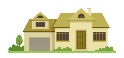 Various urban house. Yellow building with garage. Facade and exterior. Comfort and coziness. Graphic element for website. Cartoon flat vector illustration isolated on white background
