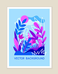 Floral bright banner. Blue and violet flowers and plants. Fashion and style. Botany and greenery. Template and layout. Cartoon flat vector illustration isolated on beige background