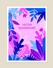 Floral bright banner. Blue and violet flowers and plants. Fashion and style. Aesthetics and elegance. Background and wallpaper. Cartoon flat vector illustration isolated on beige background