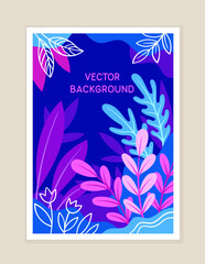 Floral bright banner. Blue and violet flowers and plants. Fashion and style. Wild life and nature. Cover for magazine. Cartoon flat vector illustration isolated on beige background