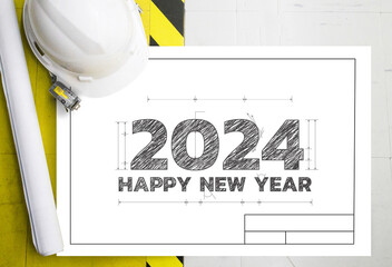 Happy New Year 2024 social media .2023-2024 
on blue print construction industry. new year resolution concept.wood text on ground.Perfect for your invitation or office card.Christmas Day