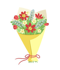 Bouquet with flowers. Romantic gift or present, surprise at Valentines Day. Sticker for social networks and messengers. Cartoon flat vector illustration isolated on white background