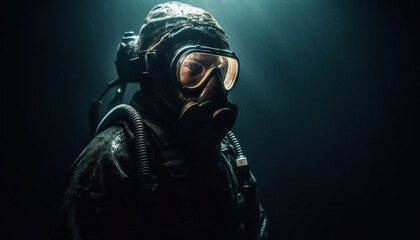 One person scuba diving underwater with protective mask and equipment generated by AI