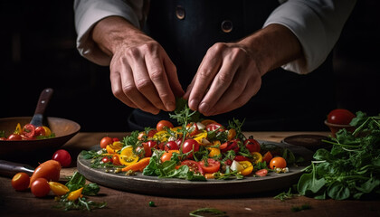 Obraz na płótnie Canvas Fresh vegetarian salad prepared by gourmet chef on rustic table generated by AI
