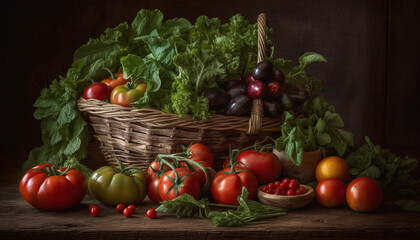 Fototapeta na wymiar Fresh organic vegetables in a rustic wicker basket on wooden table generated by AI