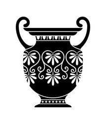 Greek culture black scene. Ceramic vase with patterns. Creativity of medieval Era. Archeology and paleontology. Social media sticker. Cartoon flat vector illustration isolated on white background