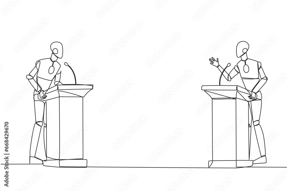 Poster single one line drawing two robot arguing on the podium. throwing opinions on the best way to deal w