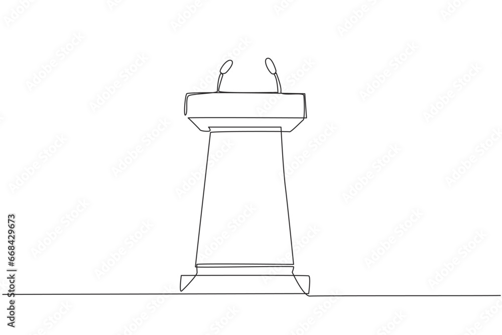 Poster single continuous line drawing podium with two microphones. usually used in speech or oration. also 