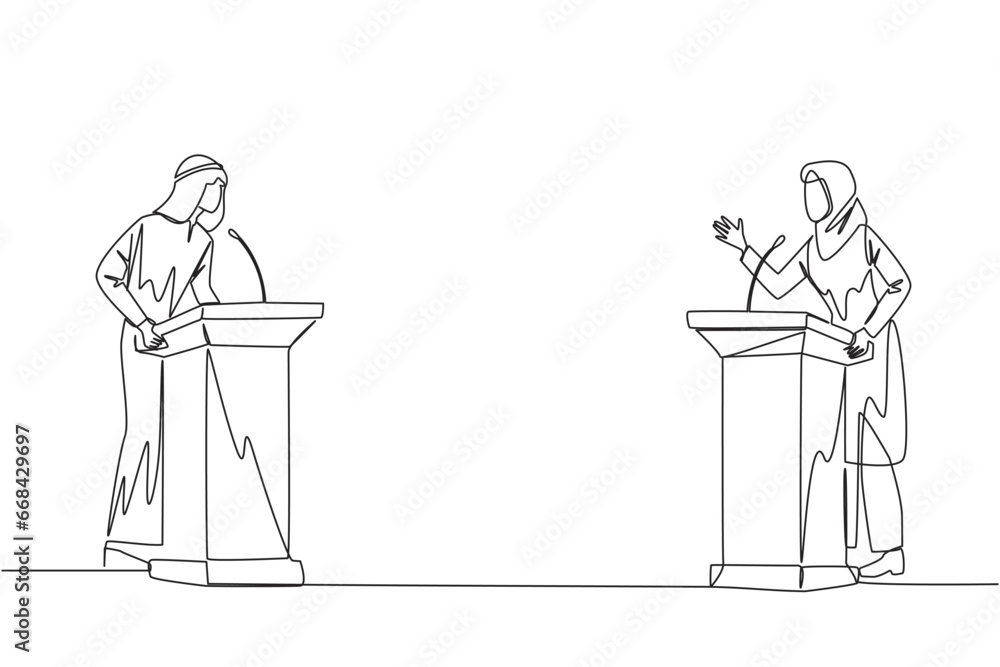 Poster continuous one line drawing arabian businessman and businesswoman arguing on the podium. throwing ar