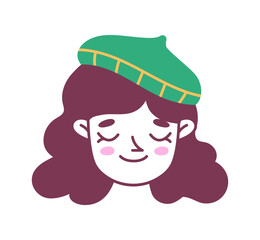 Female hairstyle doodle avatar. Young girl with green hat at hairs. Fashion and style. Sticker for social networks and messengers. Cartoon flat vector illustration isolated on white background