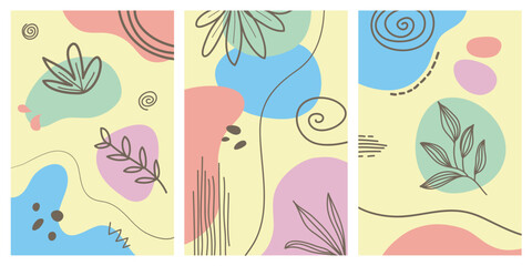 Collection of contemporary art posters in pastel colors. Abstract paper cut geometric elements and strokes, leaves and dots. Great deisgn for social media, postcards, print.