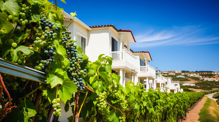 Fototapeta na wymiar Beautiful townhouses on green hills in California, and grape vines in a raw, and blue sky. AI-generated image