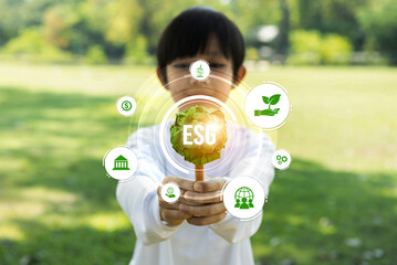 Little kid nurturing plant with eco icon symbolize natural preservation for future sustainable...