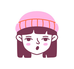 Obraz na płótnie Canvas Female hairstyle doodle avatar. Young girl with brown long hairs at pink hat. Profile in social networks and messengers. Cartoon flat vector illustration isolated on white background