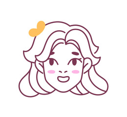 Female hairstyle doodle avatar. Young girl with blonde long hairs and yellow rubber. Graphic element for social media website. Cartoon flat vector illustration isolated on white background