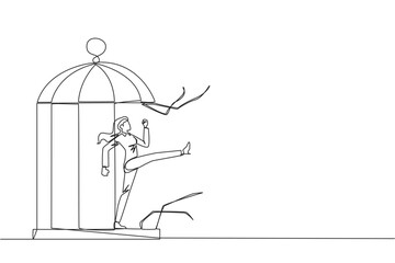 Single one line drawing businesswoman trapped in cage kick the cage until wrecked. Freedom of expression for the smooth running of business. Distractions. Continuous line design graphic illustration