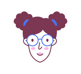 Female hairstyle doodle avatar. Young girl with brown curly hairs in glasses. Sticker for social networks and messengers. Cartoon flat vector illustration isolated on white background