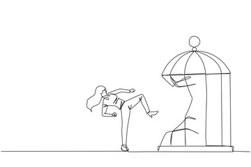 Single continuous line drawing taekwondo businesswoman destroy cage with the kick. Metaphors remove the comfort zone trap. A genius entrepreneur for the company. One line design vector illustration