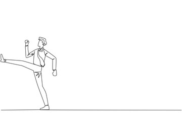 Single one line drawing businessman doing kicking motion. Stretch before office hours start. A healthy way to stay focused on doing business. Disciplined. Continuous line design graphic illustration