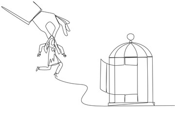 Single continuous line drawing big hand holding Arab businesswoman and want put in a cage. Trapping roughly. Beating business opponent by cheating. Unfair business. One line design vector illustration