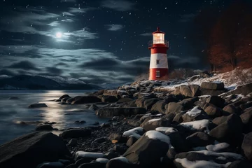 Foto auf Acrylglas Snowy Cove Lighthouse at Night: standing tall against the backdrop of the night sky. The snow reflects the moonlight, creating a magical winter night scene with a different framing approach.   © Kuo