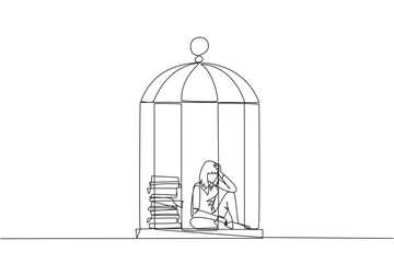 Continuous one line drawing businesswoman trapped in cage sitting down frustrated. Stress with piling up unfinished work until close to deadline. Exhausted. Single line draw design vector illustration