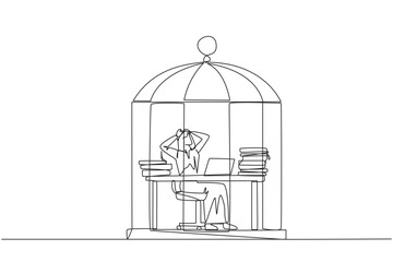 Single one line drawing Arab businessman trapped in cage sitting on office chair holding head. Being in a routine trap. Tired and irritated with the daily grind. Continuous line design illustration