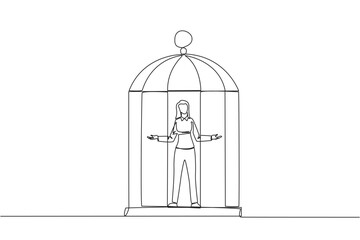 Single continuous line drawing businesswoman trapped in cage standing with open arms. Surrender to the situation. Forced to stay in a cage. Business is not growing. One line design vector illustration