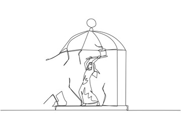 Continuous one line drawing Arab businessman trapped in cage holding an axe and destroy the cage. Everything is done to be free. Rising anger. Disappointed. Single line draw design vector illustration