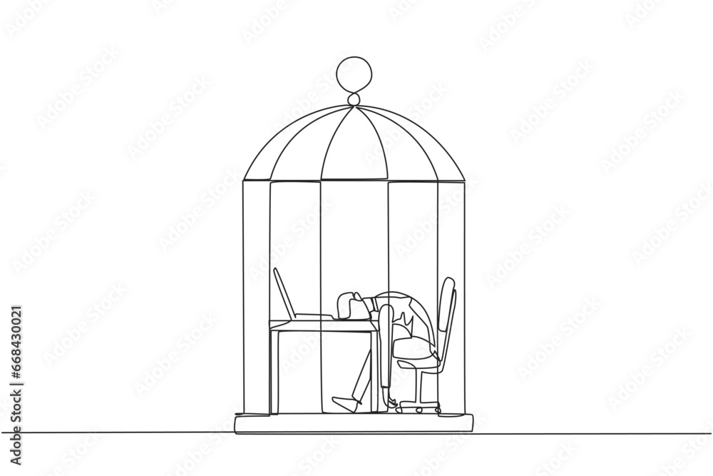 Poster single continuous line drawing businessman trapped in cage asleep on laptop computer. tired of repet