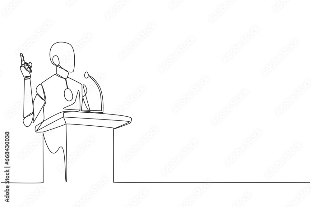 Poster continuous one line drawing smart robotic speaking at the podium while giving gesture of lifting one