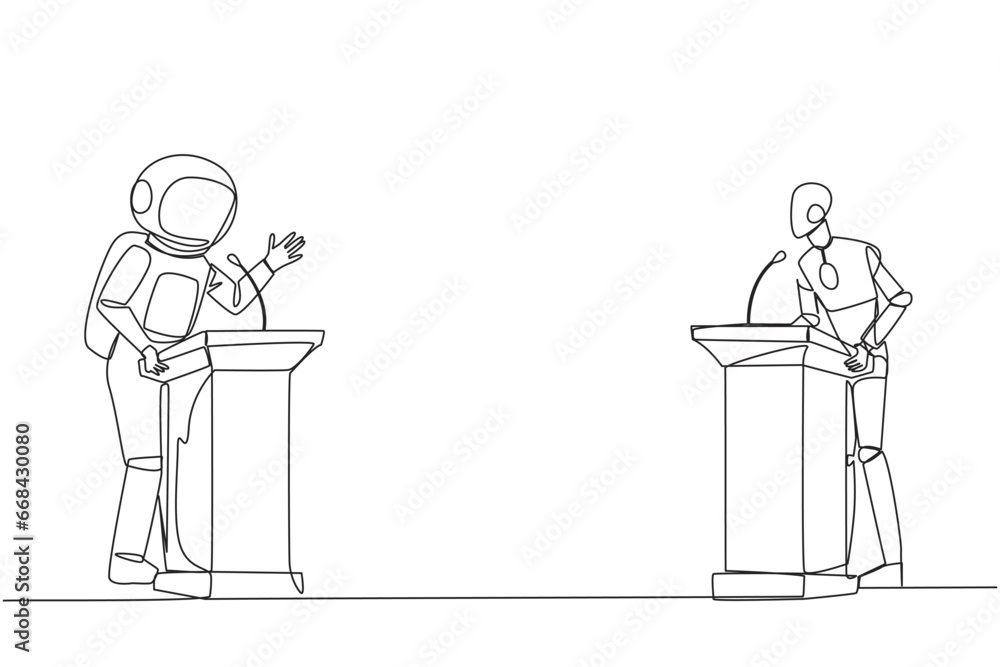 Poster single continuous line drawing robotic and astronaut arguing on the podium. throwing arguments at ea