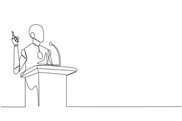Continuous one line drawing smart robotic speaking at the podium while giving gesture of lifting one finger up. Inspirational speech. Conference stage. Single line draw design vector illustration