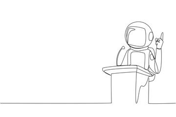Single continuous line drawing young astronaut speaking at the podium while giving gesture of lifting one finger up. Inspirational speech. Conference stage. Orator. One line design vector illustration