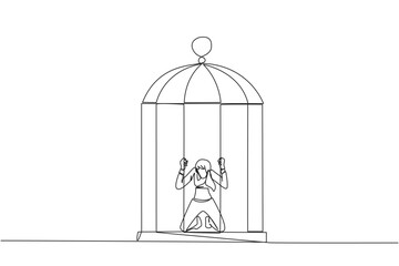 Single continuous line drawing businesswoman trapped in cage kneeling holding iron bars. Framed by business partner. Have to bear all the consequences. Unfair. One line design vector illustration