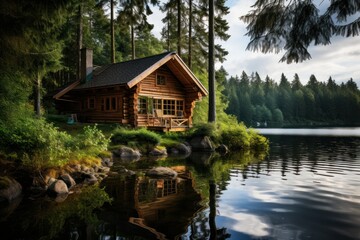 Fototapeta na wymiar Scandinavian log cabin overlooking serene lakeside.