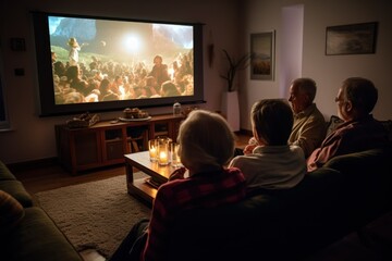 Senior friends having a movie night with a home theater projector. - obrazy, fototapety, plakaty