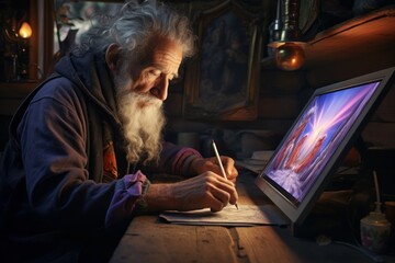 Fototapeta na wymiar Senior man creating digital art on a graphic tablet.