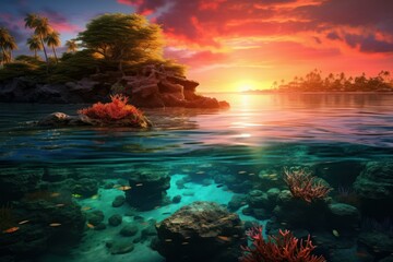 Serene sunset over a tropical lagoon with corals.
