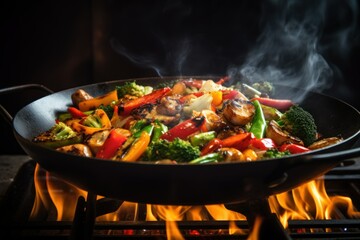 Sizzling pan of stir-fried vegetables over a flaming stove
