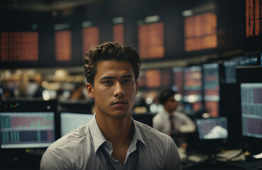 Fototapeta premium Portrait of Stock Market Trader man. Generative AI image.