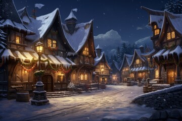 Snow-covered village with cozy cottages and lights.