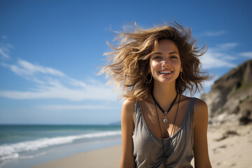 Fototapeta na wymiar Portrait of a beautiful girl on a lonely beach on a sunny day. Generative ai image.