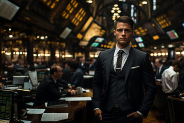 Fototapeta premium Portrait of Stock Market Trader man in suit. Generative AI image.