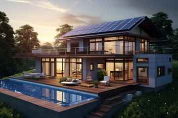 Fototapeta na wymiar Solar panels are seamlessly integrated into the design of a modern home.