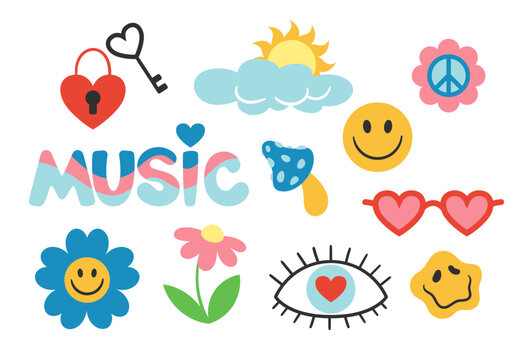 Hippie stickers set. Retro style, back to 80s and 90s. Sun with cloud, key and music inscription. Graphic elements for website. Cartoon flat vector collection isolated on white background