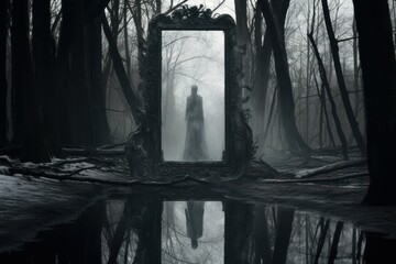 Spine-chilling mirror reflecting a ghostly figure. - obrazy, fototapety, plakaty